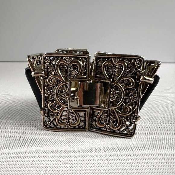 1960s Black Glazed Ceramic Filigree Panel Bracelet - Picture 8 of 10